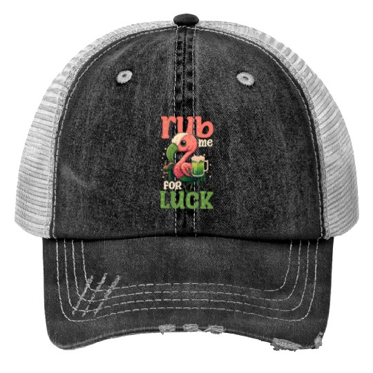 Irish Flamingo St Patricks Rub For Luck Print Trucker Hats
