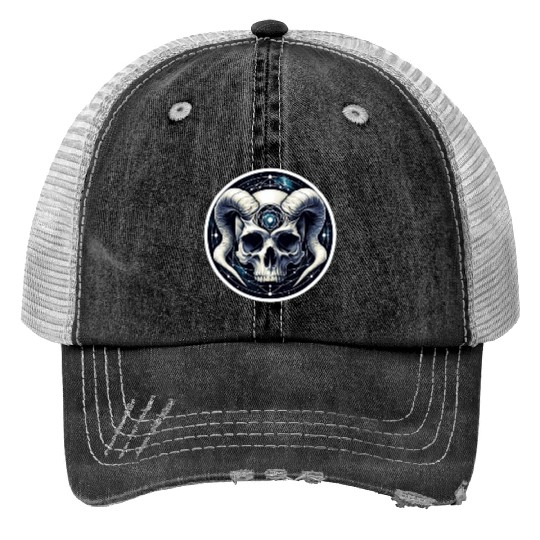 Cosmic Nirvana Serenity: Horned Skull Print Trucker Hats