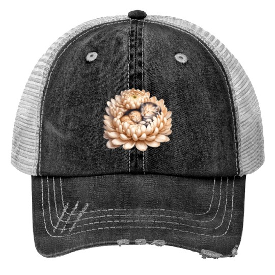 Kittens Sleeping In Flower Print Trucker Hats