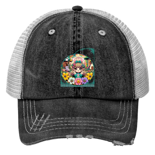 Kawaii Anime Girl's Garden Whimsical Floral Print Trucker Hats
