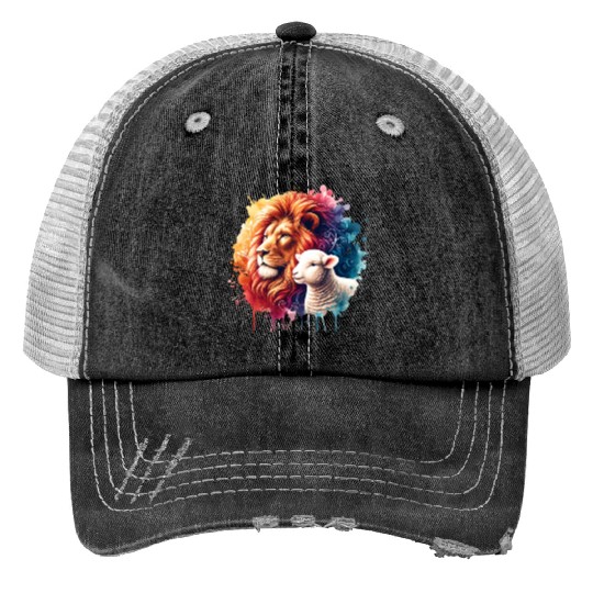 Lion and Lamb Christian Watercolor Design Print Trucker Hats