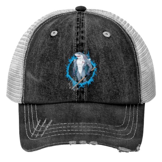 Shark Mutant With Blue Fire Background Print Trucker Hats
