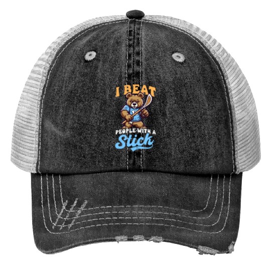 Lacrosse Coach Beat People Stick Bear Print Trucker Hats