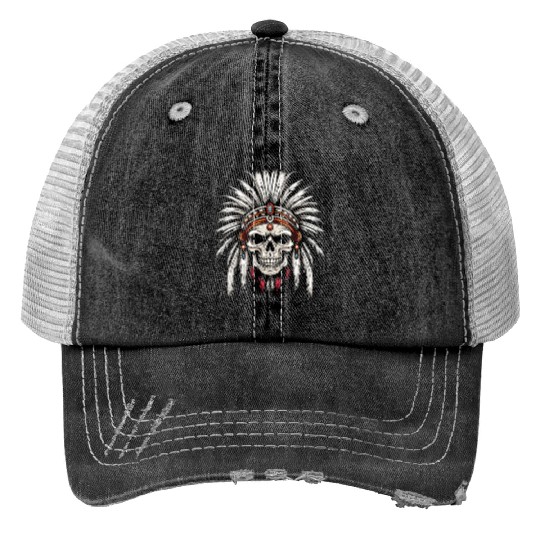 Indigenous Native American Skull Skull Head Print Trucker Hats