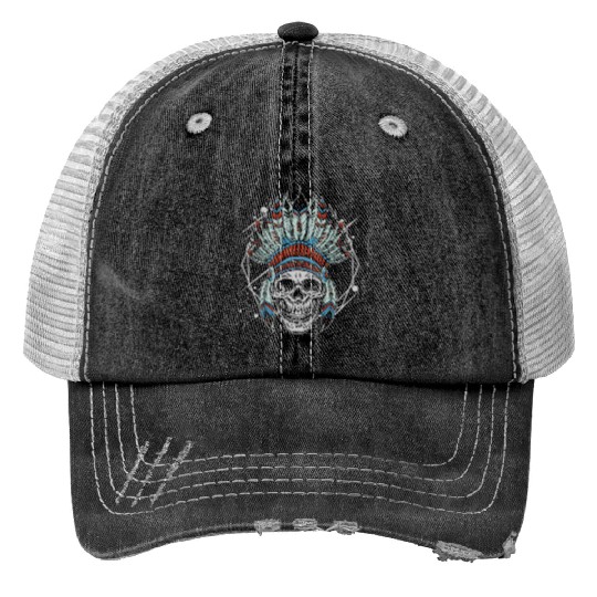 Indigenous Native American Skull Head Print Trucker Hats