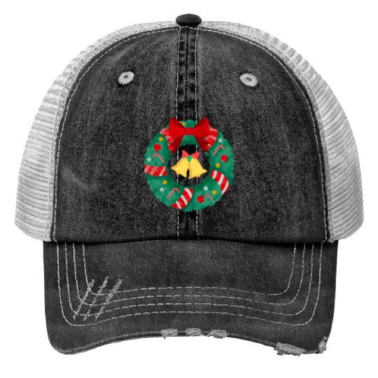Christmas Wreath with Bells Print Trucker Hats