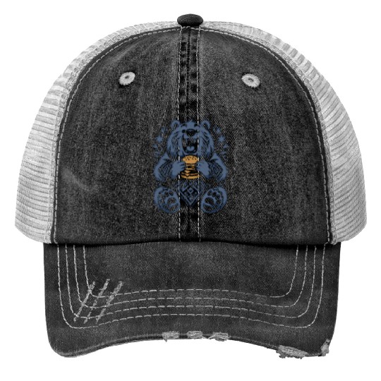 Cute Grizzly with Hamburger, Blue Print Trucker Hats