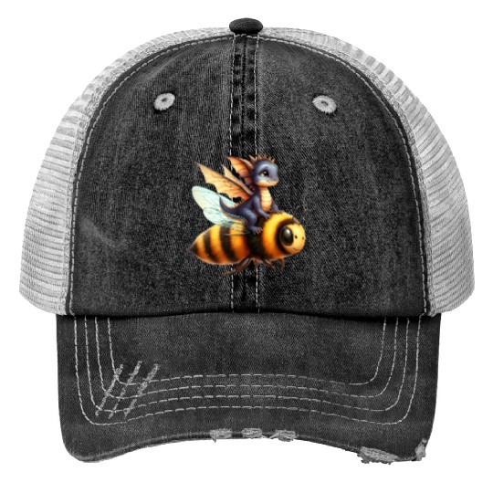 Fun Baby Dragon Riding a Bumble Bee Print Trucker Hats