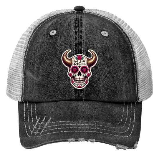 Horned Sugar Skull, eat the rich skull Print Trucker Hats