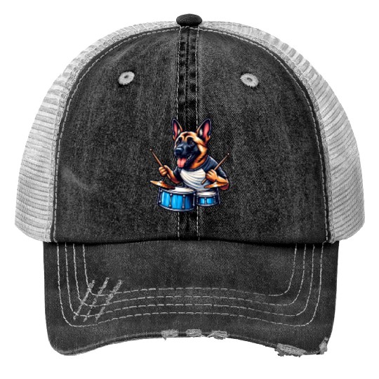 Cool Malinois Drummer Band Design Print Trucker Hats