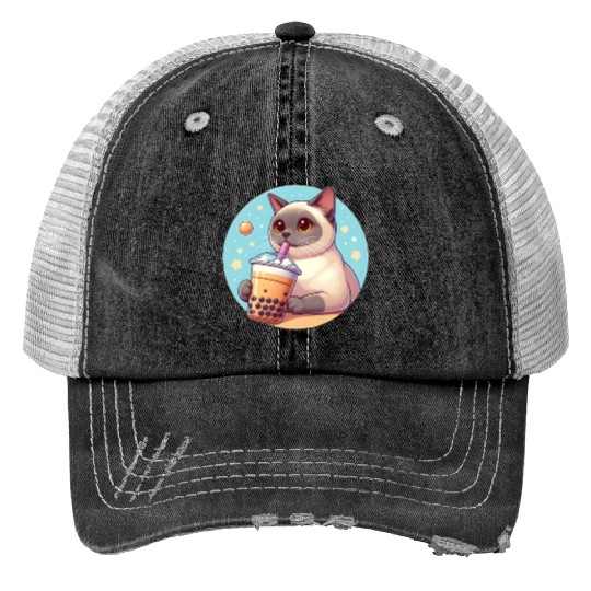 Siamese cat having bubble tea Print Trucker Hats