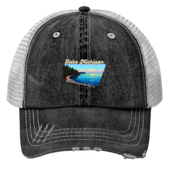 Lake Michigan Unsalted and shark-free Print Trucker Hats