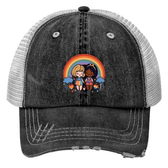 Cute Lesbian Sapphic Whitey Melanin Rainbow Pride Print Trucker Hats