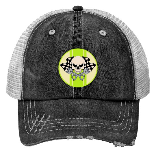 Light green racing stripe with skull and pistons Print Trucker Hats