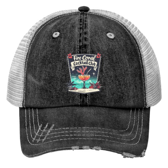 Fire Coral Cocktail Club Print Trucker Hats