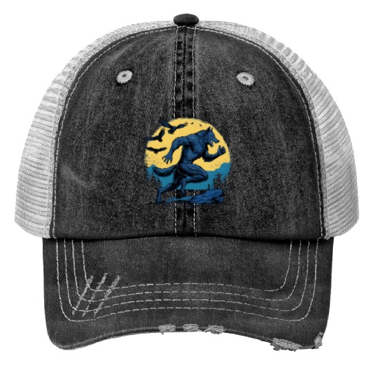 Running Werewolf with Crows Print Trucker Hats