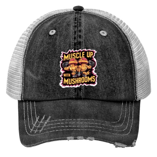 Muscle Up Mushroom Vintage Neon Line Comic Retro Print Trucker Hats