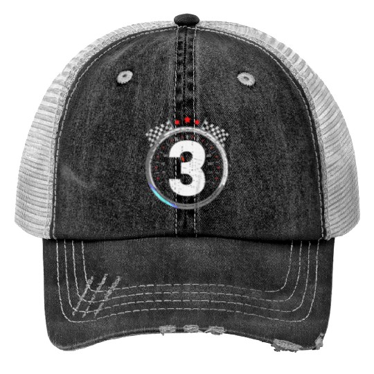 Kids 3rd Birthday Boy 3 Third Race Car Birthday Print Trucker Hats