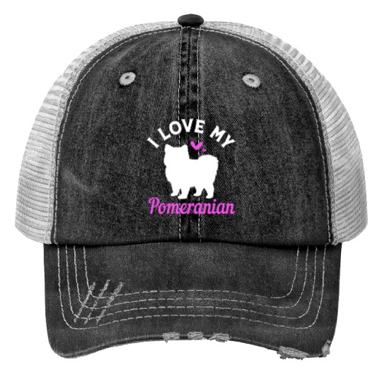 Dog Silhouette Pet Puppy I Love My Pomeranian Print Trucker Hats