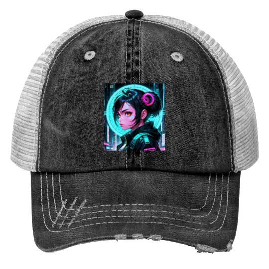 Beautiful Cyberpunk Girl Aesthetic Anime Print Trucker Hats