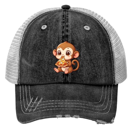 Funny monkey loves pizza humorous chimpanzee Print Trucker Hats