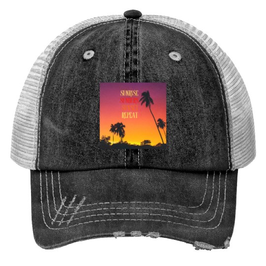 Sunrise Sunburn Sunset Repeat Beach Scene Print Trucker Hats