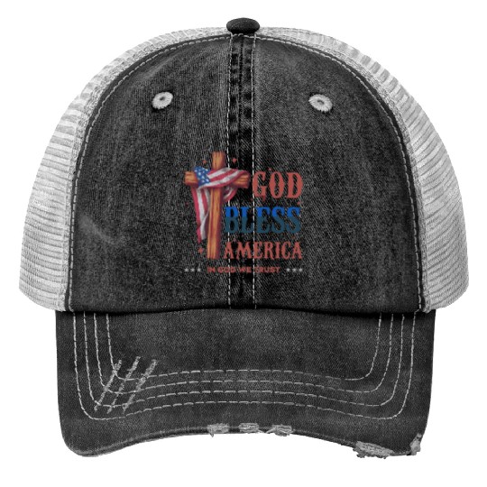 God Bless America Proud Retro US Flag 4th Of July Print Trucker Hats
