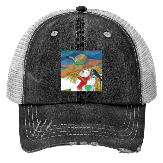 Cute Scarecrow And Barn Swallow Illustration Print Trucker Hats