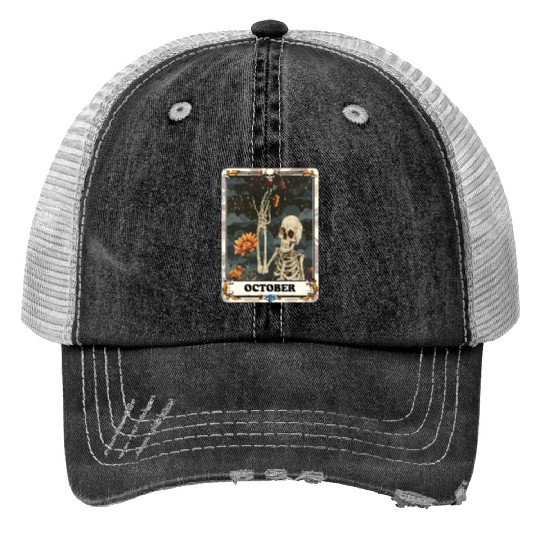 October Gothic Tarot Card - Marigold Flower & Skel Print Trucker Hats