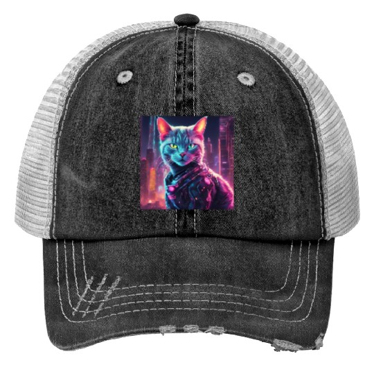 Cyberpunk Neon Cat Print Trucker Hats