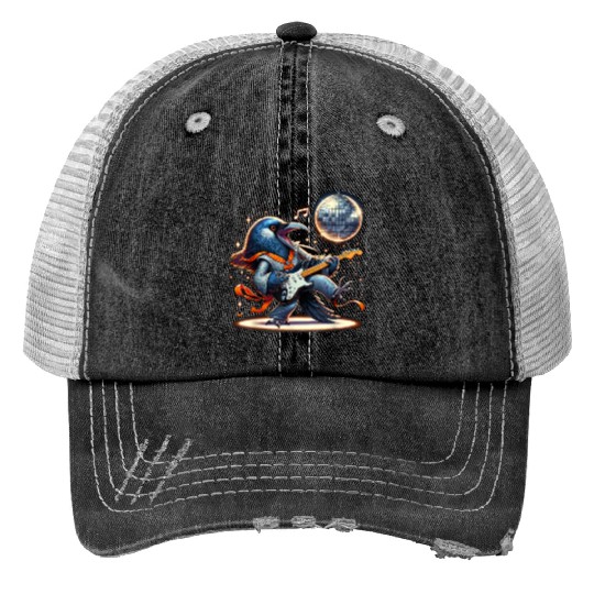 Disco Ball Guitar Raven Print Trucker Hats