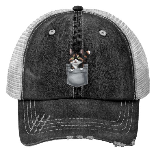 Japanese Bobtail Cat In Pocket Print Trucker Hats