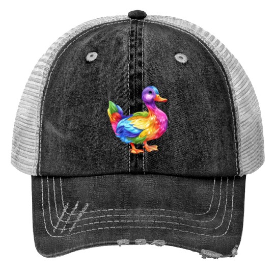 Duck Rainbow Colorful Feathered Duck Illustration Print Trucker Hats