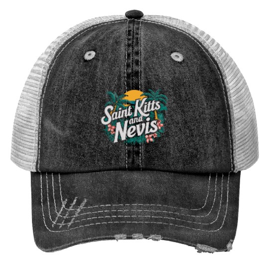 Saint Kitts And Nevis Souvenir Tropical Paradise Print Trucker Hats