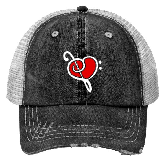 2 Music Bass Clef Heart Love Note Two Treble Sound Print Trucker Hats