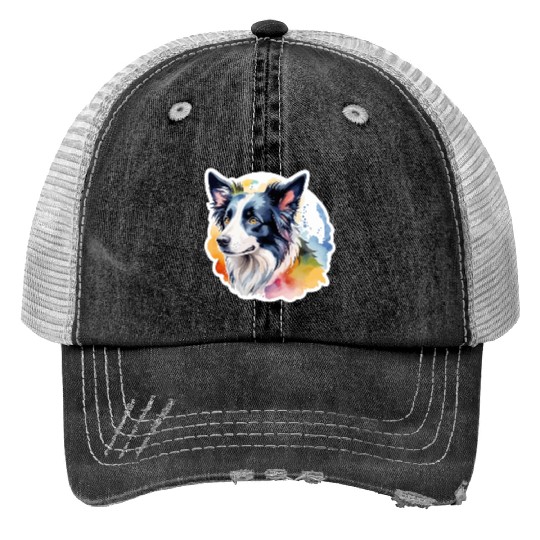 Border Collie Watercolor Print Trucker Hats