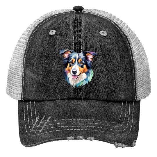 Border Collie Watercolor Print Trucker Hats