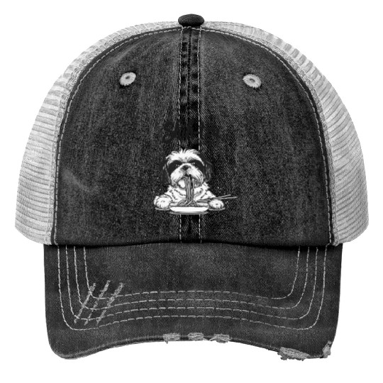 Shih tzu & Pasta Shih-tzu Black and White Print Trucker Hats