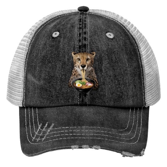 Cheetah Eating Ramen Realistic Print Trucker Hats