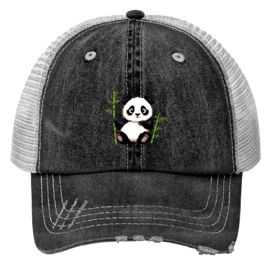 A pixel art of a panda with a bamboo leaf Print Trucker Hats