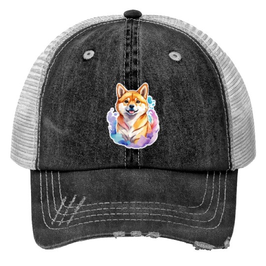 Shiba Inu Watercolor Print Trucker Hats