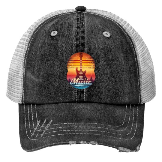 Music Guitar Sunset Vintage Style Streetwear Print Trucker Hats