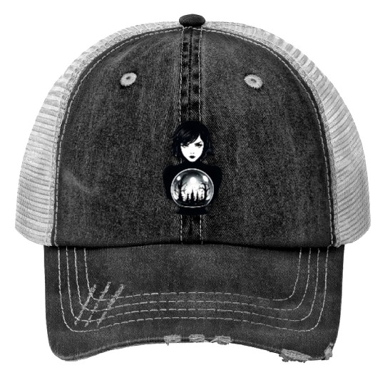 Witchy Woman Gazing into a Crystal Ball Print Trucker Hats