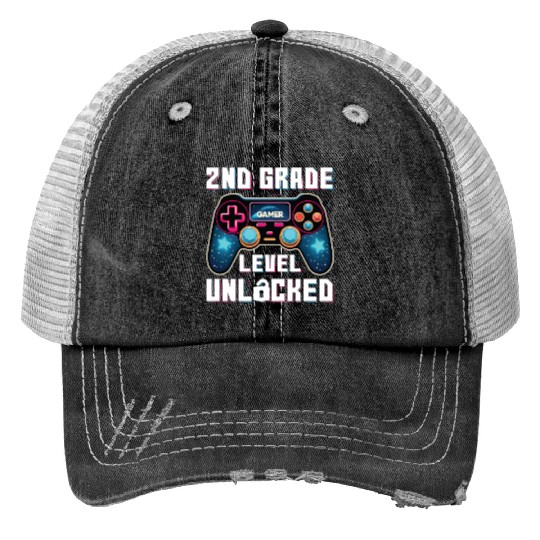 2nd Grade Level Unlocked Gamer First Day of School Print Trucker Hats