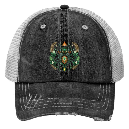 Magic black spider pet of mysterious witch, Print Trucker Hats