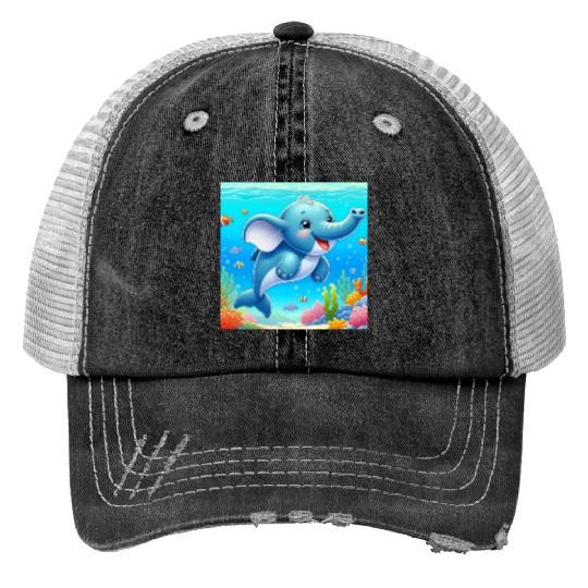The elephant-dolphin Print Trucker Hats