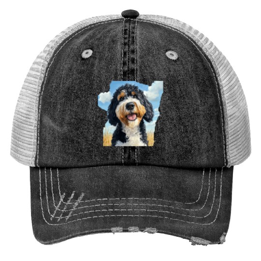 Bernedoodle Field Nature Bernedoodle Watercolor Print Trucker Hats