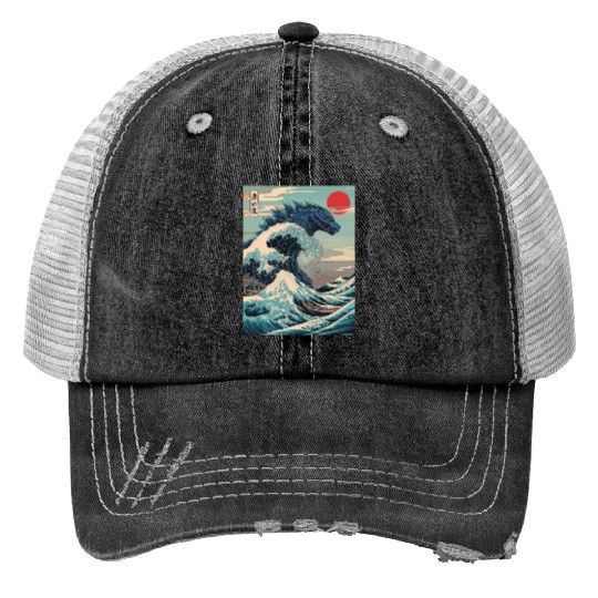 Kaiju Monster Japanese Great Wave Anime Graphic Print Trucker Hats
