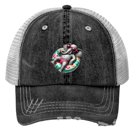 A relaxed elephant on a swimming ring Print Trucker Hats