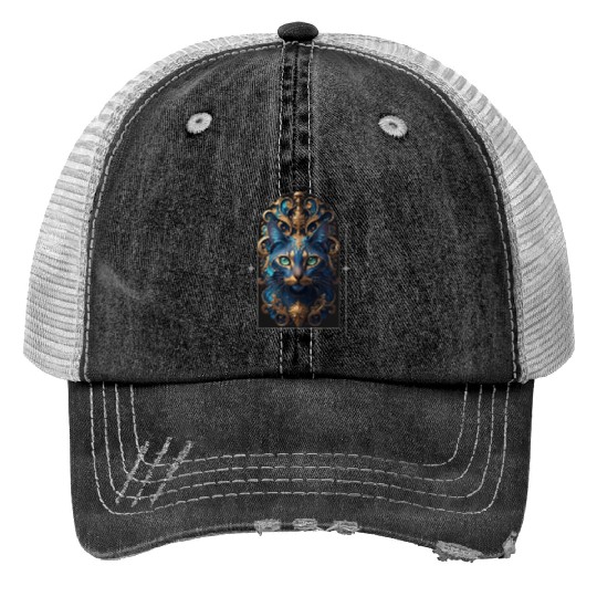 Elegant stylish blue and gold cat face Print Trucker Hats